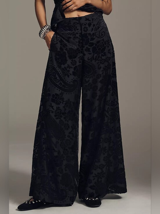 Anthropologie Pants - Anthropologie Black Floral Velvet Novelty Burnout Wide Leg Pants